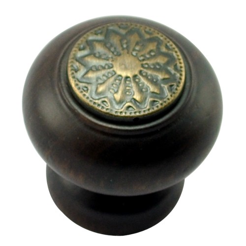 35mm Mushroom Wooden Cabinet Knob with Antique Brass Coin 